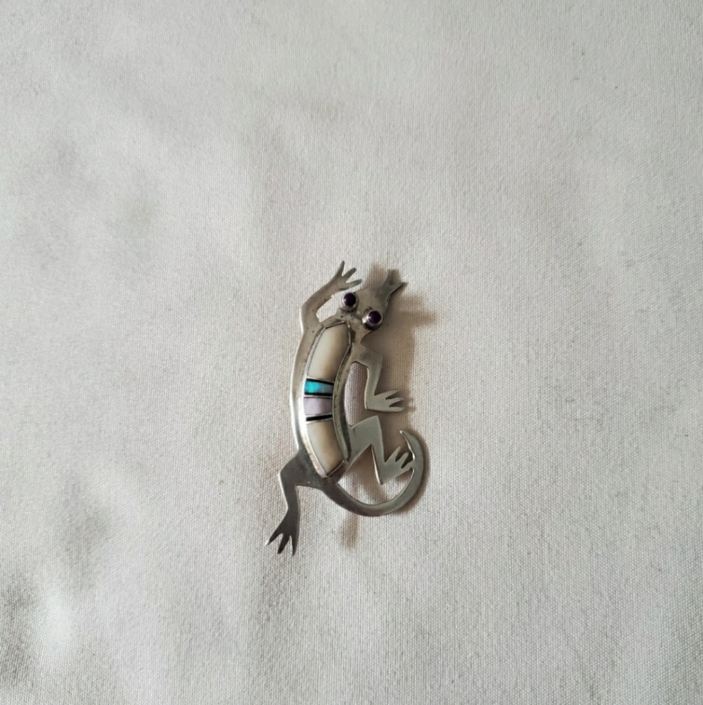 Native American Indian Opal Inlaid Sterling Silver Lizard Pin